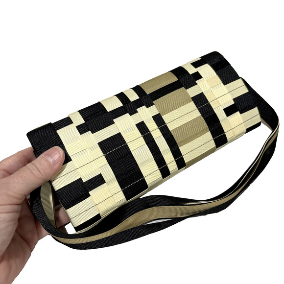 SEIRC Mini Shoulder Bag Clutch Purse Woven Ribbons Black Cream Taupe Chic Unique - Picture 5 of 10